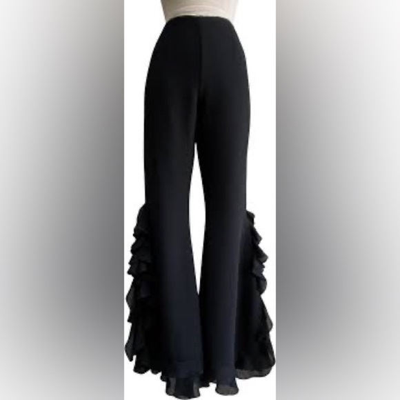 Cache Pants - VINTAGE Cache 70s Retro Black Bell Bottom Slit Leg Ruffle Dress Pants Size Small